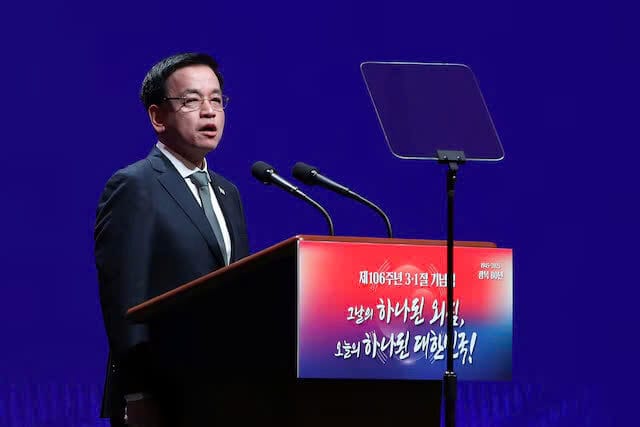 Quyền Tổng thống Hàn Quốc Choi Sang-mok phát biểu trong lễ kỷ niệm Ngày Phong trào Độc lập lần thứ 106 tại Đại học Phụ nữ Soongeui vào ngày 01 tháng 03 năm 2025 tại Seoul, Hàn Quốc