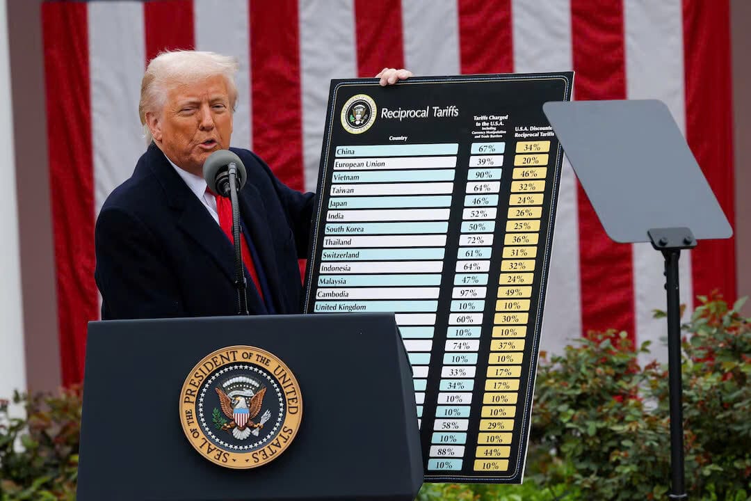 Tổng thống Hoa Kỳ Donald Trump phát biểu về thuế quan tại Vườn Hồng ở Nhà Trắng tại Washington, DC, Hoa Kỳ, ngày 2 tháng 4 năm 2025